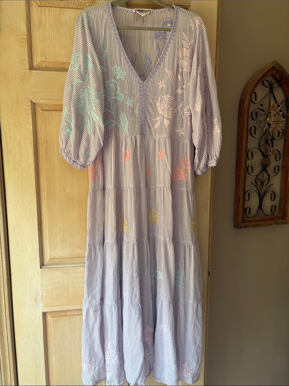 Johnny Was Lavender and White Striped Embroidered Maxi Dress Size Large